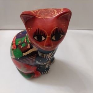 Mexican Folk Art Cat Clay Pottery Hand Painted Terra Cotta Orange 6"